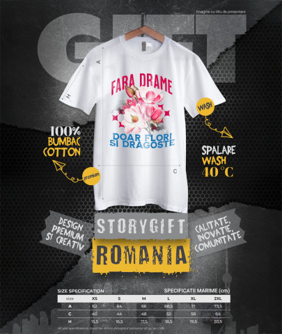 Tricou Femei, Barbati, Copii, Fata, Baiat, Unisex Personalizat Buchet de Flori Roz „Fara Drame, Doar Flori si Dragoste” | Cadou Romantic și Elegant [3]