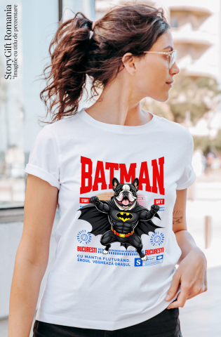Tricou Femei, Barbati, Copii, Fata, Baiat, Unisex Personalizat Bulldog În Costum de Batman – Câine Supererou pentru Copii și Iubitorii de Animale [1]