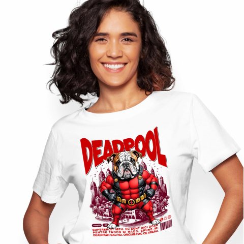 Tricouri - Tricou Femei, Barbati, Copii, Fata, Baiat, Unisex Personalizat Bulldog în Costum Deadpool - Cadou Personalizat pentru Copii și Familie