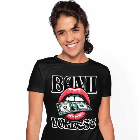 Tricou Femei, Barbati, Copii, Fata, Baiat, Unisex Personalizat Muscătură Bancnotă Dolar – „Banii Vorbesc” – Buze Femeie – Cadou Personalizat pentru Familie, Tati, Copii, Prieteni