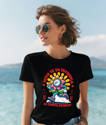 Tricou Femei, Barbati, Copii, Fata, Baiat, Unisex Personalizat „Totul se va întâmpla la momentul potrivit” - Ceas Floarea Soarelui Personalizat | Cadou Inspirational pentru Familie și Prieteni [1]