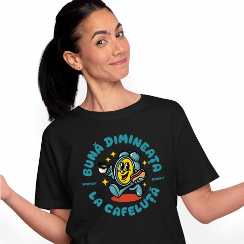 Tricou Femei, Barbati, Copii, Fata, Baiat, Unisex Personalizat Ceas Mecanica „Buna Dimineața” – Cadou Personalizat Cu Cafea și Hot-Dog | Dimineața Perfectă