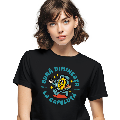 Citate - Tricou Femei, Barbati, Copii, Fata, Baiat, Unisex Personalizat Ceas Mecanica „Buna Dimineața” – Cadou Personalizat Cu Cafea și Hot-Dog | Dimineața Perfectă