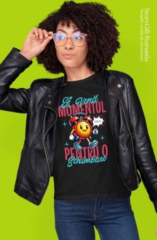 Tricou Femei, Barbati, Copii, Fata, Baiat, Unisex Personalizat Ceas Mecanics Galben cu Mesaj Inspirațional – A venit momentul pentru o schimbare [1]