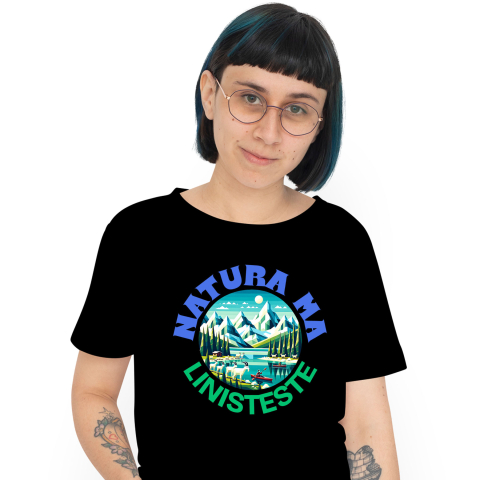 Tricou Femei, Barbati, Copii, Fata, Baiat, Unisex Personalizat "Cerc View Montan cu Lac Albastru – Liniște în Natură la Cabana și Pe Lac"