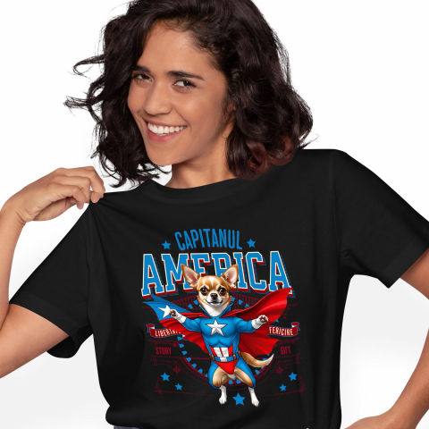 Tricouri - Tricou Femei, Barbati, Copii, Fata, Baiat, Unisex Personalizat Chihuahua în Costum Captain America cu Pelerină - Cadou Personalizat pentru Copii și Iubitorii de Câini