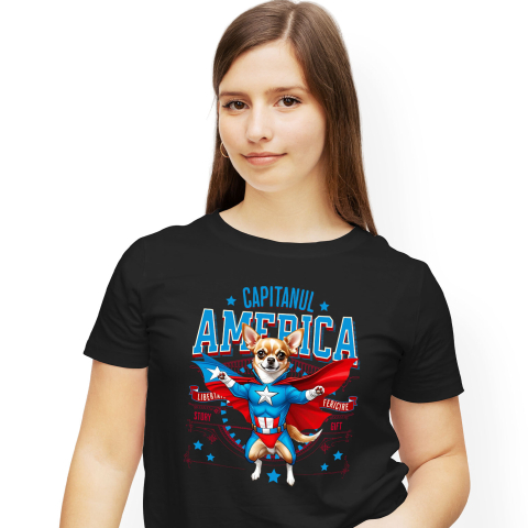 SuperEroi si Personaje TV - Tricou Femei, Barbati, Copii, Fata, Baiat, Unisex Personalizat Chihuahua în Costum Captain America cu Pelerină - Cadou Personalizat pentru Copii și Iubitorii de Câini