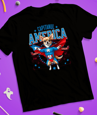 Tricou Femei, Barbati, Copii, Fata, Baiat, Unisex Personalizat Chihuahua în Costum Captain America cu Pelerină - Cadou Personalizat pentru Copii și Iubitorii de Câini [2]