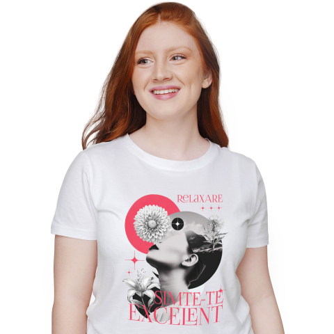 Mixed - Tricou Femei, Barbati, Copii, Fata, Baiat, Unisex Personalizat Chip Feminin cu Flori Diverse - „Relaxare, Simte-te Excelent” - Cadou Motivațional