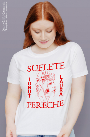Tricou Femei, Barbati, Copii, Fata, Baiat, Unisex Personalizat „Suflete Pereche Laura Ionut - Cadou Personalizat cu Flori pentru Valentine's Day și Dragobete” [1]