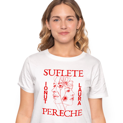 Tricouri - Tricou Femei, Barbati, Copii, Fata, Baiat, Unisex Personalizat „Suflete Pereche Laura Ionut - Cadou Personalizat cu Flori pentru Valentine's Day și Dragobete”