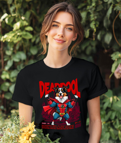 Tricou Femei, Barbati, Copii, Fata, Baiat, Unisex Personalizat Ciobănesc Australian în Costum Deadpool – Câine Supererou Amuzant și Personalizat [1]