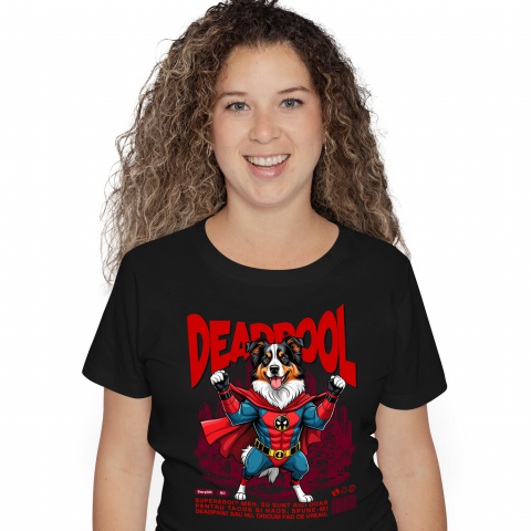 Tricouri - Tricou Femei, Barbati, Copii, Fata, Baiat, Unisex Personalizat Ciobănesc Australian în Costum Deadpool – Câine Supererou Amuzant și Personalizat