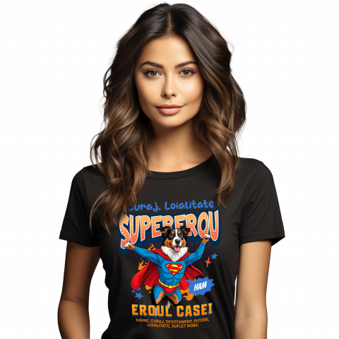 Tricouri - Tricou Femei, Barbati, Copii, Fata, Baiat, Unisex Personalizat Ciobănesc Australian în Costum de Superman – Produse Personalizate pentru Copii și Familie