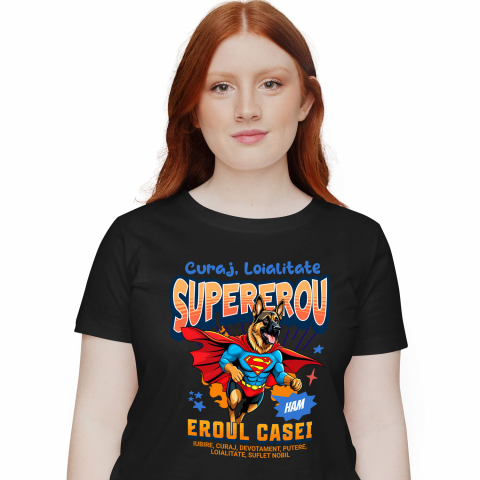 Tricouri - Tricou Femei, Barbati, Copii, Fata, Baiat, Unisex Personalizat Ciobănesc German în Costum de Superman – Cadouri Personalizate pentru Familie și Copii