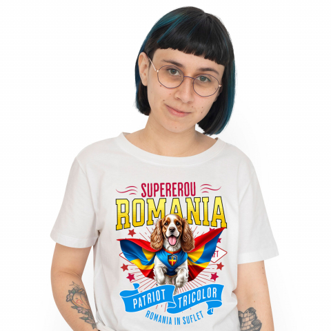 Tricouri - Tricou Femei, Barbati, Copii, Fata, Baiat, Unisex Personalizat Cocker Spaniel în Costum de Căpitan România – Cadou Personalizat Unic pentru Iubitorii de Câini