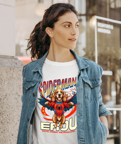 Tricou Femei, Barbati, Copii, Fata, Baiat, Unisex Personalizat Cocker Spaniel în Costum Spider-Man cu Pelerină - Cadou Personalizat pentru Copii și Iubitorii de Câini [1]
