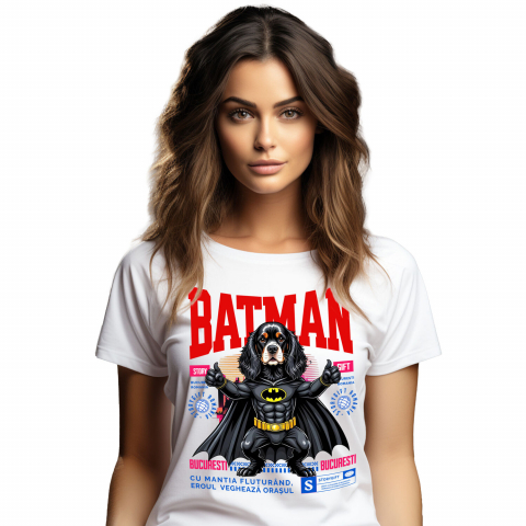 Tricouri - Tricou Femei, Barbati, Copii, Fata, Baiat, Unisex Personalizat Cocker Spaniel în Costum de Batman – Supererou Adorabil pentru Copii și Iubitorii de Câini