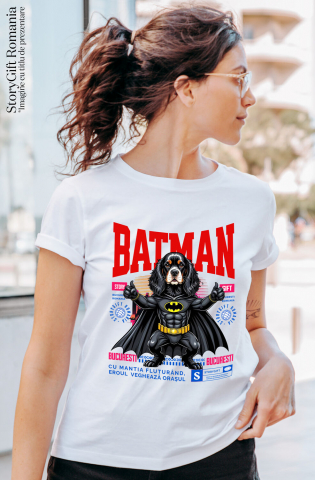 Tricou Femei, Barbati, Copii, Fata, Baiat, Unisex Personalizat Cocker Spaniel în Costum de Batman – Supererou Adorabil pentru Copii și Iubitorii de Câini [1]