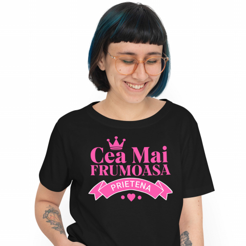 Tricou Femei, Barbati, Copii, Fata, Baiat, Unisex Personalizat "Coroana Regală de Prințesă cu Inimioare Roz – Mesaj Personalizat ‘Cea Mai Frumoasă Prietenie’"