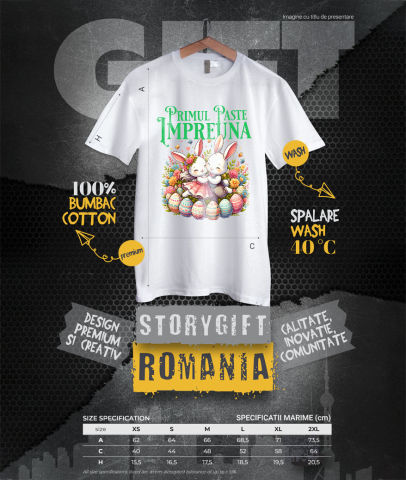 Tricou Femei, Barbati, Copii, Fata, Baiat, Unisex Personalizat "Cuplu Fericit Iepuri Îndrăgostiți cu Oua Colorate - Paște și Iubire" [3]