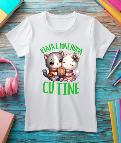 Tricou Femei, Barbati, Copii, Fata, Baiat, Unisex Personalizat Cuplu Pisici Iubire – Cadou Crăciun „Viața e Mai Bună Cu Tine” pentru Iubitorii de Pisici [2]