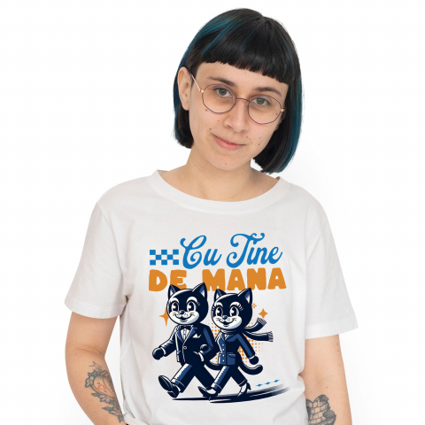 Tricou Femei, Barbati, Copii, Fata, Baiat, Unisex Personalizat Cuplu Pisici Vesele cu Mesaj „Cu Tine de Mână, Iubire Dragoste” – Cadou Personalizat pentru Valentine's Day