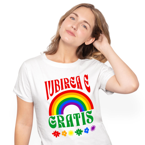 Tricou Femei, Barbati, Copii, Fata, Baiat, Unisex Personalizat „Curcubeu Multicolor Flori Colorate - Cadou Personalizat „Iubirea E Gratis” pentru Copii, Familie și Prieteni”
