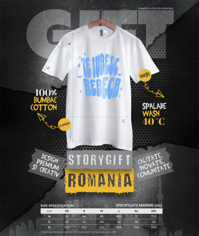 Tricou Femei, Barbati, Copii, Fata, Baiat, Unisex Personalizat "Mesaj Romantic Te Iubesc Rebeca - Cadou Personalizat Inimi și Stele pentru Valentine's Day" [3]