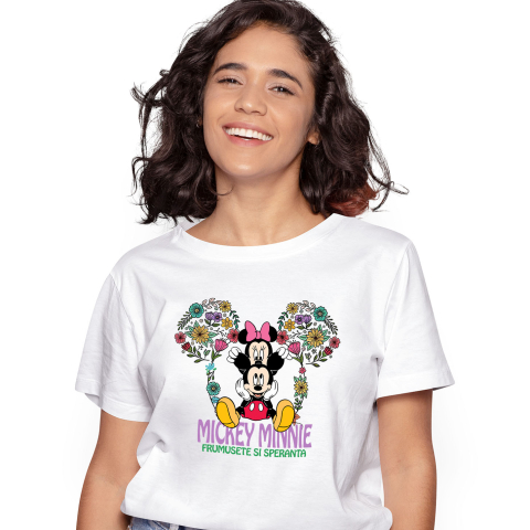 Tricouri - Tricou Femei cu Distractie si Joaca cu Mickey Mouse si Minnie 100% Bumbac, Alb, M
