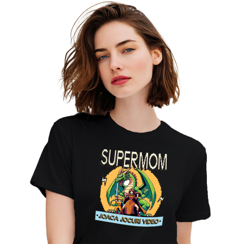 Lume Digitala - Tricou Femei, Barbati, Copii, Fata, Baiat, Unisex Personalizat Dragon Jocuri Video cu Luptătoare Războinică SuperMom - Cadou Personalizat „Joacă Jocuri Video” pentru Familie și Prieteni