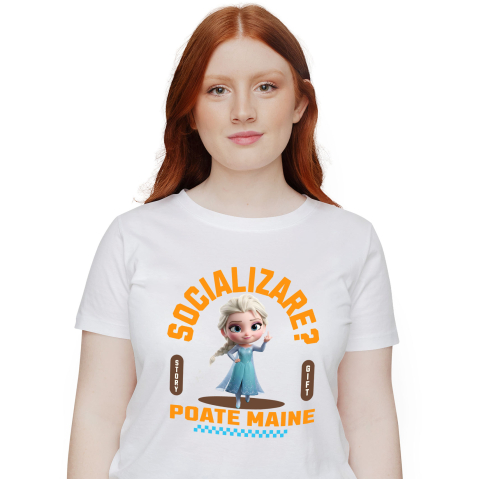 Amuzante - Tricou Femei cu Elsa , Degetul Mijlociu, Socializare? Poate maine, Anti-social 100% Bumbac, Alb, S