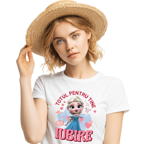 Tricouri - Tricou Femei cu Elsa, Iubire, Dragoste, Afectiune, Inima 100% Bumbac, Alb, S