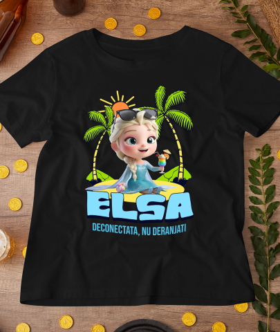 Tricou Femei cu Elsa Sub Palmieri: Soare si Mare 100% Bumbac, Negru, XL [2]