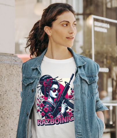 Tricou Femei, Barbati, Copii, Fata, Baiat, Unisex Personalizat Fata Asiatica cu Mitralieră și Flori Roz – Războinică Personalizată [1]