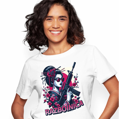 Tricou Femei, Barbati, Copii, Fata, Baiat, Unisex Personalizat Fata Asiatica cu Mitralieră și Flori Roz – Războinică Personalizată