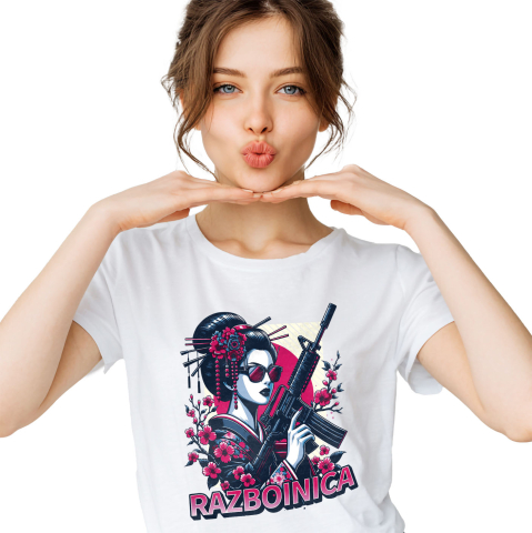 Tricou Femei, Barbati, Copii, Fata, Baiat, Unisex Personalizat Fata Asiatica cu Mitralieră și Flori Roz – Războinică Personalizată
