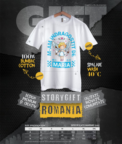 Tricou Femei, Barbati, Copii, Fata, Baiat, Unisex Personalizat Statuie Fata Copil Cu Aripi Înger – Cadou Personalizat Valentine's Day „M-am Îndrăgostit De Maria” [3]