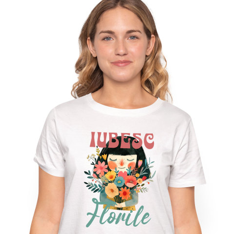 Flori - Tricou Femei, Barbati, Copii, Fata, Baiat, Unisex Personalizat Cadou Personalizat Fata Cu Breton și Buchet De Trandafiri | Iubesc Florile | Iubire și Natură