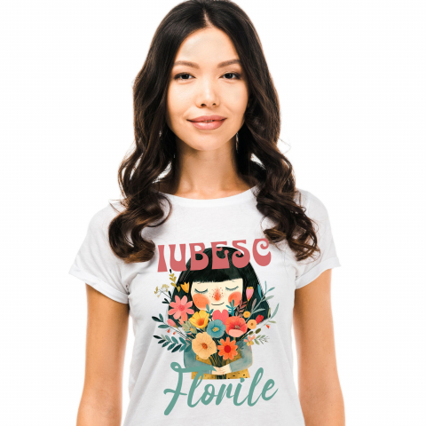 Flori - Tricou Femei, Barbati, Copii, Fata, Baiat, Unisex Personalizat Cadou Personalizat Fata Cu Breton și Buchet De Trandafiri | Iubesc Florile | Iubire și Natură