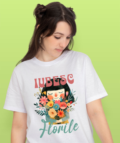 Tricou Femei, Barbati, Copii, Fata, Baiat, Unisex Personalizat Cadou Personalizat Fata Cu Breton și Buchet De Trandafiri | Iubesc Florile | Iubire și Natură [1]