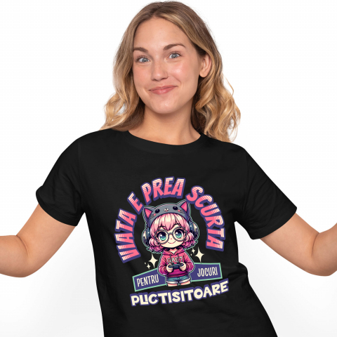 Tricou Femei, Barbati, Copii, Fata, Baiat, Unisex Personalizat Fată Stil Anime „Viața E Prea Scurtă” cu Păr Roz, Palarie Pisică și Manetă Jocuri Video - Cadou Personalizat