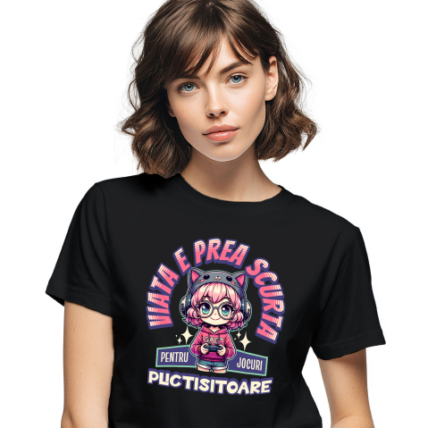 Lume Digitala - Tricou Femei, Barbati, Copii, Fata, Baiat, Unisex Personalizat Fată Stil Anime „Viața E Prea Scurtă” cu Păr Roz, Palarie Pisică și Manetă Jocuri Video - Cadou Personalizat