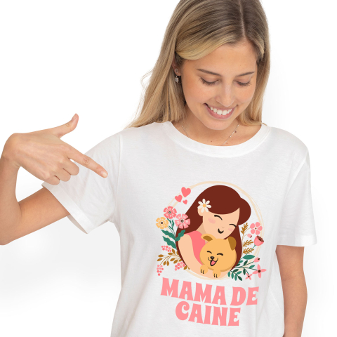 Mama - Tricou Femei, Barbati, Copii, Fata, Baiat, Unisex Personalizat "Fata și Câine – Cadouri Personalizate pentru Mama de Câine cu Flori Colorate"