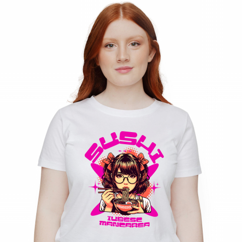 MANCARE - Tricou Femei, Barbati, Copii, Fata, Baiat, Unisex Personalizat Fată Anime Cu Fundițe Și Ochelari Mâncând Supă Noodles | Cadou Personalizat Iubitorilor De Mâncare