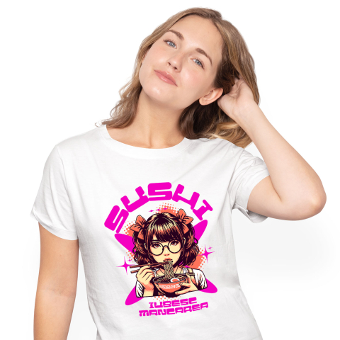 Mancare - Tricou Femei, Barbati, Copii, Fata, Baiat, Unisex Personalizat Fată Anime Cu Fundițe Și Ochelari Mâncând Supă Noodles | Cadou Personalizat Iubitorilor De Mâncare