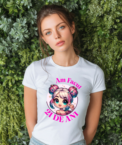 Tricou Femei, Barbati, Copii, Fata, Baiat, Unisex Personalizat Fata Anime cu Par Roz – Petrecere de 21 de Ani și Aniversare Copii [1]