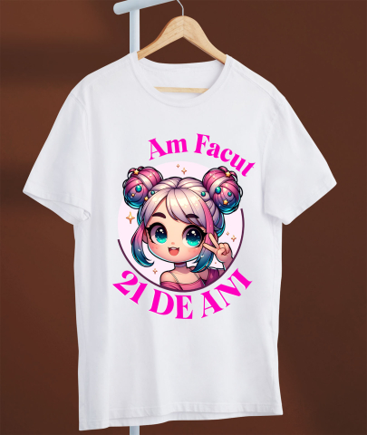Tricou Femei, Barbati, Copii, Fata, Baiat, Unisex Personalizat Fata Anime cu Par Roz – Petrecere de 21 de Ani și Aniversare Copii [2]