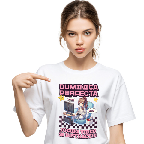 Lume Digitala - Tricou Femei, Barbati, Copii, Fata, Baiat, Unisex Personalizat Fată Stil Anime „Duminica Perfectă” - Cadou Personalizat pentru Iubitorii de Jocuri Video și Familie