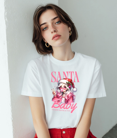 Tricou Femei, Barbati, Copii, Fata, Baiat, Unisex Personalizat Fată Stil Anime cu Căciulă de Crăciun – Santa Baby și Distracția Începe de Crăciun [1]